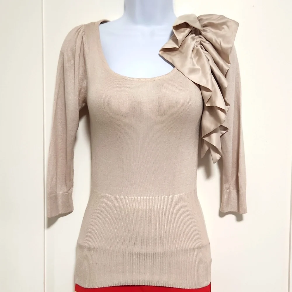 Bebe Knit Top with Silk/Satin Ruffle Accent